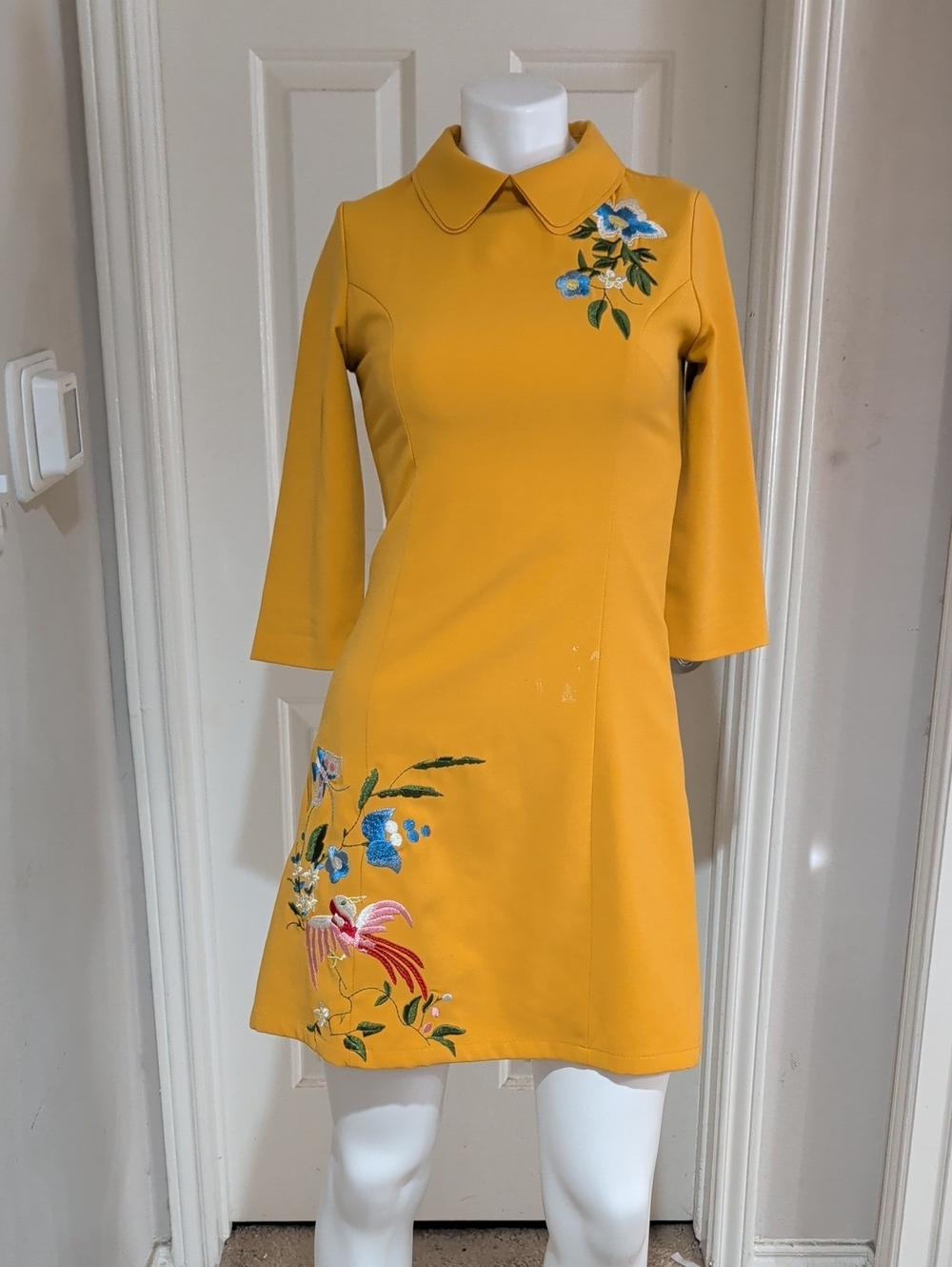 D&R Fashion Embroidered Mustard A-Line Dress with Peter Pan Collar Women's Small